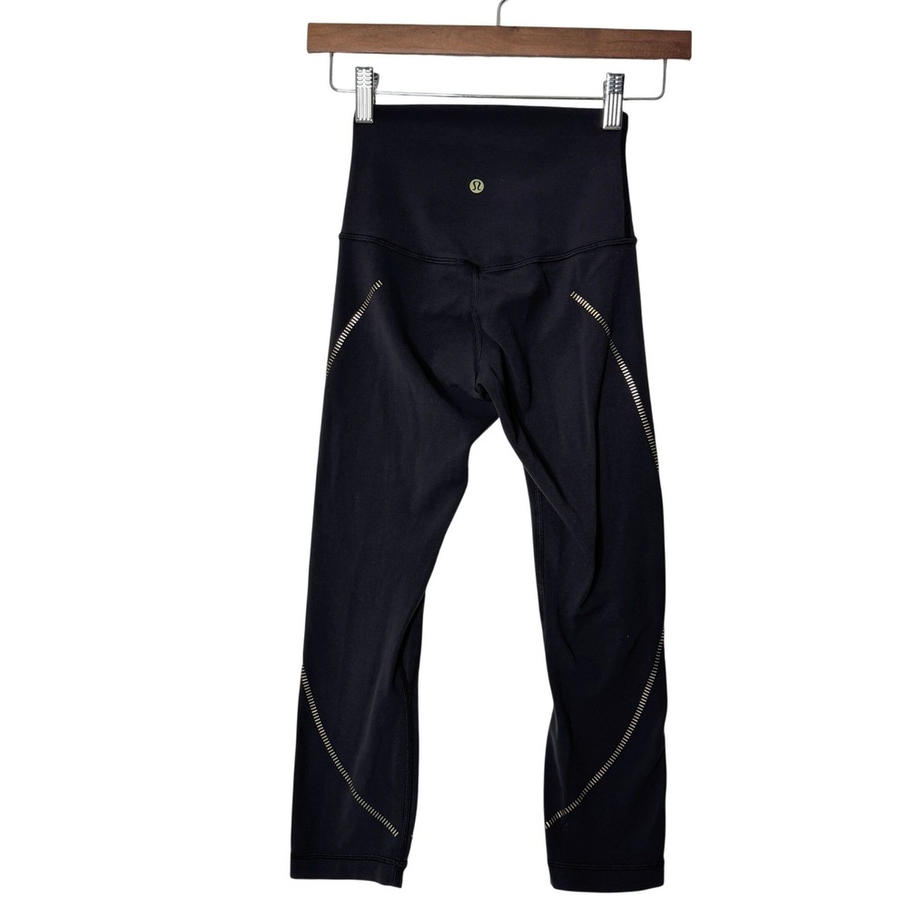 Lululemon Align High Rise Crop Black Gold Leggings Pant Womens 2 Special Edition